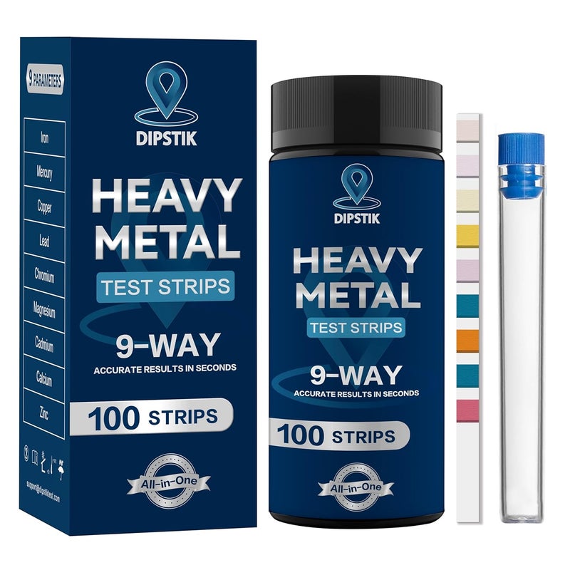 DIPSTIK 9 Way Heavy Metals Water Test Strips, 100ct Home Water Testing Kit for Iron, Mercury, Copper, Lead, Chromium, Magnesium, Cadmium, Calcium,Zinc - Image 1